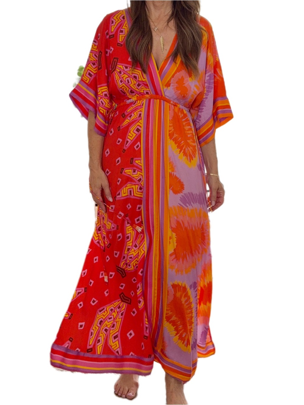 Farm Rio Mixed Print Wrap Maxi Dress XS Red Purple Orange Boho Vacation